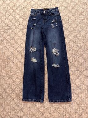 Indigo Rein Dark Blue Distressed Wide-Leg Jeans